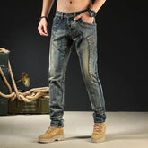 Threebooy Jeans for Men Motorcycle Slim Fit Vintage Skinny Spliced Buggy Trousers Male Cowboy Pants Tight Pipe Japanese Street Style Denim
